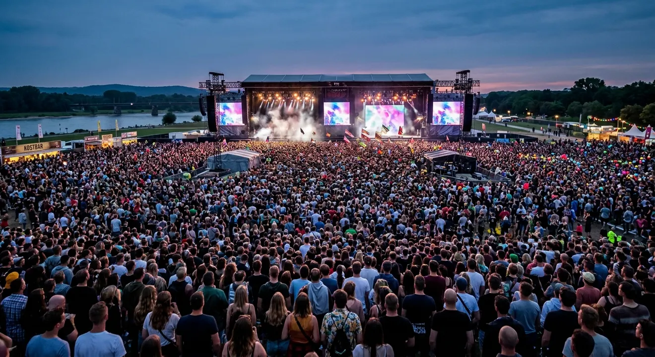 Musikfestival mit einer großen Doppelbühne und vielen Menschen