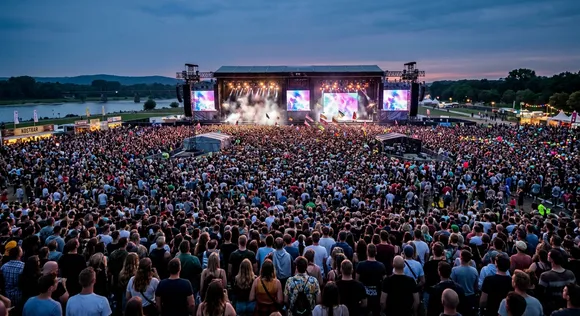 Ein Musikfestival mit einer Bühne und vielen Menschen